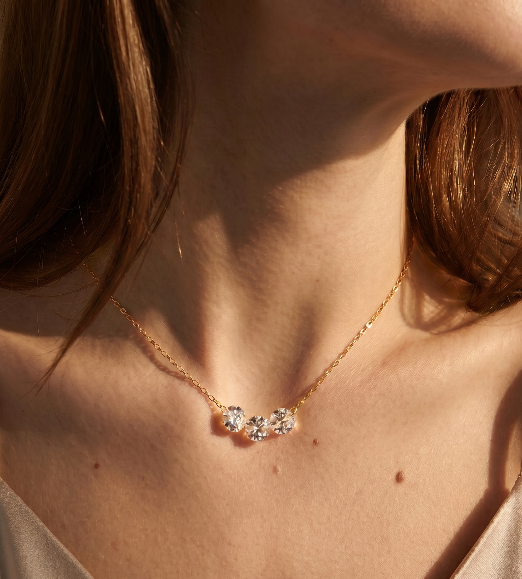 The Kora | Three Stone Lab Grown Diamond Necklace | Solid Gold with Adjustable Chain & Backdrop Diamond