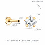Princess-Cut Lab-Grown Diamond Flat-Back Stud | 14K Solid Gold 0.05ct/0.16ct/0.40ct