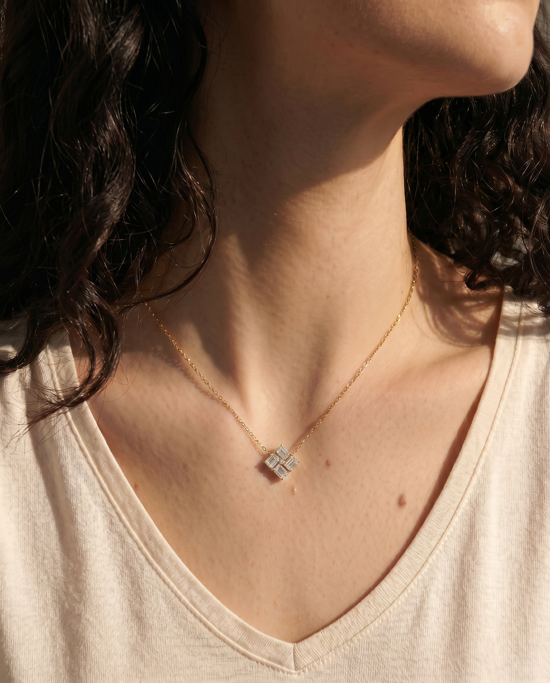 The Tessera - Geometric Emerald Cut Diamond Cluster Necklace | Solid Gold